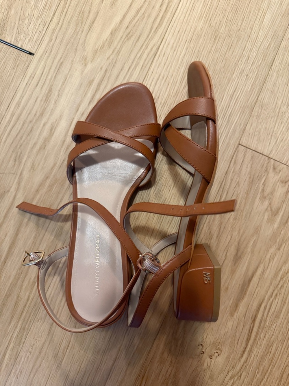 Stuart Weitzman Tan Leather Crisscross Ankle Strap Sandals
